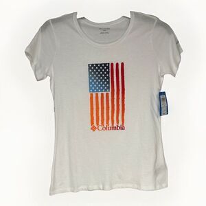 Columbia Daisy Days American Flag Shirt Patriot White Graphic Tee Size Medium‎